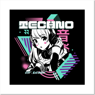 TECHNO - Y2K Anime (White/teal/pink) Posters and Art